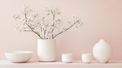 Poster - Elegant White Ceramic Vase with Baby Breath Flowers Minimalist Home Decor Still Life Photography Pastel Pink Background Modern Interior Design Simple 