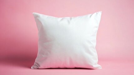 Poster - Soft White Pillow on Pink Background Mockup Template Design Element for Branding Presentation Comfortable Cozy Bedroom Decor Home Textile Product     