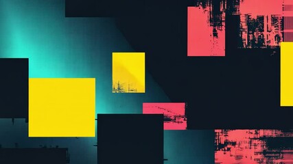 Poster - Vibrant Abstract Composition of Colorful Squares in Yellow, Teal, and Pink Against Dark Background for Modern and Dynamic Visual Experience