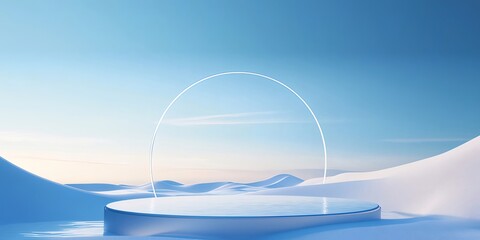 Aufkleber - 青い空と雪山と円弧状の光の立体的な風景 冬の氷と光と影が織りなす幻想的なデジタルアート作品