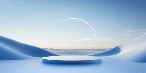 Aufkleber - 青色の雪山と円形の構造物と展示プラットフォームの美しい冬景色 3Dレンダリング