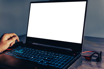 Computer screen mockup for advertising, man working on a laptop, marketing and creative design