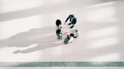 Poster - Above, handshake and business people in office, greeting and welcome with introduction. Group, gesture and employees in workplace, shaking hands and hello with collaboration, b2b deal or partnership