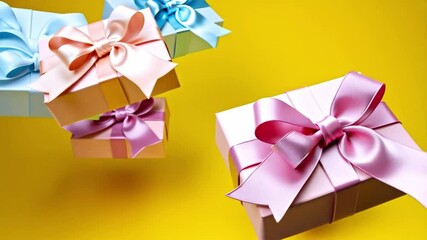 Poster - Vibrant gift boxes in pastel colors hover against a sunny yellow backdrop, each adorned with glossy ribbons.