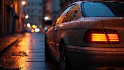 Aufkleber - A car parked on the side of a wet street at night.