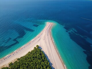 Poster - A long sandy beach bordered by clear blue water, with a few people scattered along the shore.