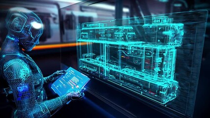 Poster - Innovative holographic engineering display showcasing advanced technology in a futuristic setting
