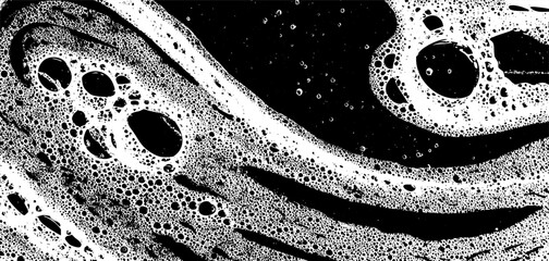 Poster - Intricate foam texture overlay forms unique wave patterns across a black background, showcasing dynamic shapes and contrasting visual elements that captivate the eye.