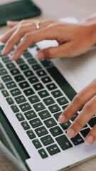 Aufkleber - Hands, typing and woman with keyboard, laptop and connection with website information. Person, closeup and user experience with computer, internet and technology with email notification and network