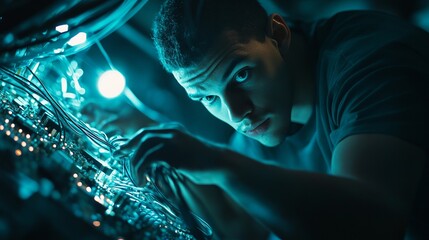 Poster - Focused Young Man Repairing Circuit Board Intense Blue Light Technology Electronics Technician Repairing Computer Hardware Digital Device Maintenance 