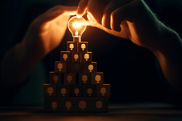 Poster - Hand-stacking wooden blocks with human head icons and a light bulb icon on top, symbolizing the concept of creative thinking for idea generation.