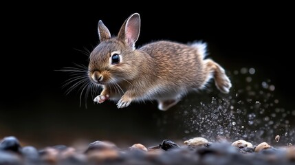 Wall Mural - Small brown rabbit in mid-air, leaping.  Splashing water droplets