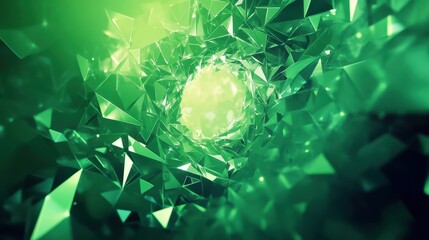 Fototapete - A futuristic green geometric background with a swirling vortex of triangular fragments