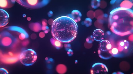 Fototapete - neon bubbles background with glowing digital spheres suspended in a deep black space