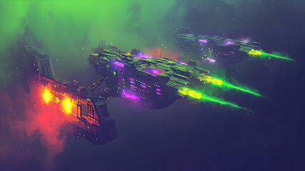 Wall Mural - spaceships battle in nebula, cosmic warfare, vibrant energy blasts, interstellar conflict, science f