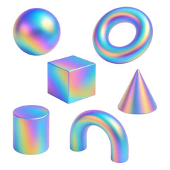 Poster - Holographic Geometric Shapes Sphere Cube Cone Cylinder Torus 3D isolated transparent background