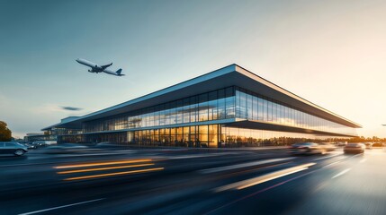 Aufkleber - 夕焼け時のモダン空港ターミナルと旅客機の風景 晴れた空の下を飛行する飛行機 道路上の車の動き