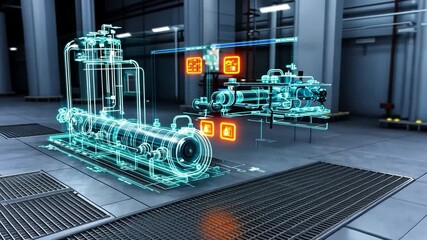 Poster - manufacturing facility showcasing futuristic holograms of advanced engineering technology