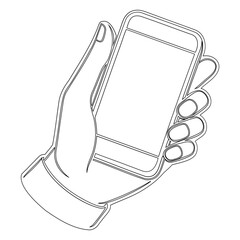 Aufkleber - Black silhouette of a hand holding a smartphone. The phone is held firmly in the hand, with clear details of the phone's outline on transparent background 