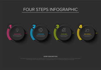 Poster - Minimal four-step infographic with rounded elements and icons on a black background. Each step is color-coded with labels and icons to represent a simple yet sleek visual structure.