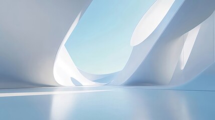 Aufkleber - 白く滑らかな曲線の内部空間 青い空のようなグラデーションの背景と未来的な雰囲気