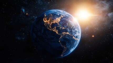 Poster - A globe-themed world map with realistic Earth textures, floating in space with a sunlit glow