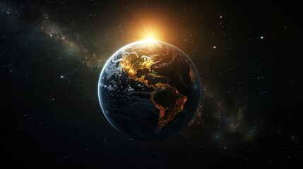Poster - A globe-themed world map with realistic Earth textures, floating in space with a sunlit glow