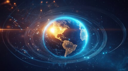 Poster - Earth icon surrounded by orbiting rings, symbolizing global connectivity