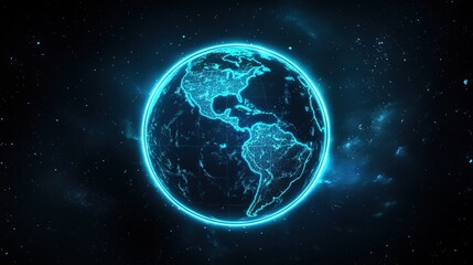 Poster - Earth icon with neon blue outlines of continents against a dark background
