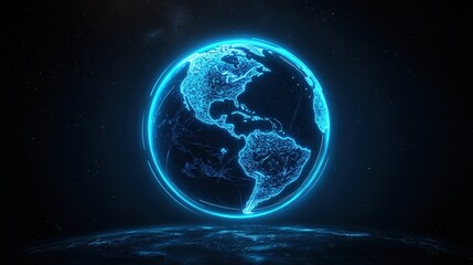 Poster - Earth icon with neon blue outlines of continents against a dark background
