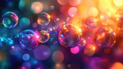 Poster - A glowing rainbow bubbles background with multicolored orbs radiating light in a cosmic setting.