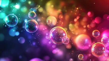Poster - A glowing rainbow bubbles background with multicolored orbs radiating light in a cosmic setting.