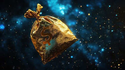 Poster - A golden money bag floating in space, symbolizing the limitless potential of wealth