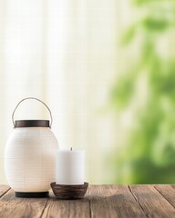 Poster - Softly glowing candle next to a charming white lantern on a cozy table with a rustic background