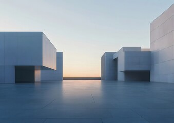 Aufkleber - 水平線に沈む夕日の下 幾何学的な建築物の屋外シーン グレーのセメント構造が静寂と穏やかさを演出