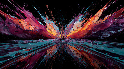 Fototapete - Vibrant multicolored paint splash, symmetrical explosion, dynamic energy, abstract art, graphic design element, reflective surface, dark background