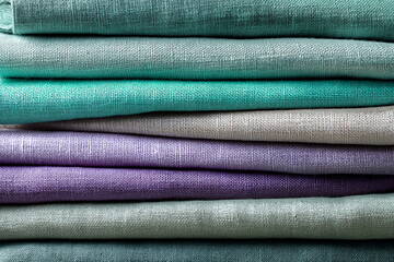 Aufkleber - Stack of linen fabric in muted pastel shades, showcasing texture and color variations.  Represents calmness, simplicity, and natural elegance