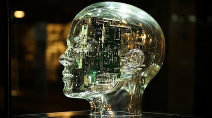 Poster - Transparent Glass Head Sculpture with Circuit Board Inside Modern Art Digital Technology Artificial Intelligence Futuristic Design Abstract Artwork   