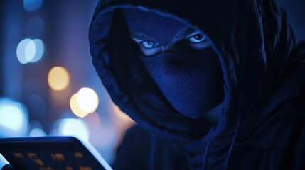 Poster - a hackers masked face reflecting in the screen of a tablet as they successfully unlock a secured dig