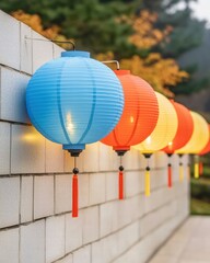 Poster - Collection of beautiful lanterns hanging gracefully on a wall creating a charming ambient glow