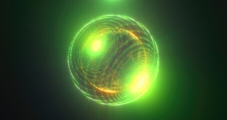 Poster - a glowing green abstract energy sphere with digital light waves and cosmic dust