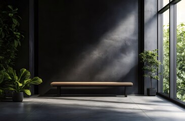 Aufkleber - 黒い壁と木製のベンチのあるモダンな室内空間 窓から差し込む光が植物を照らすデザイン