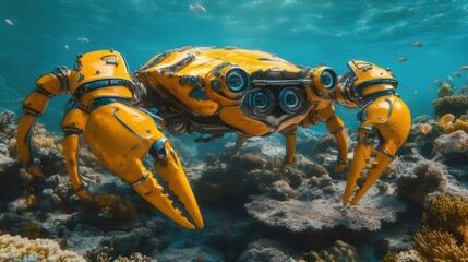 Fototapete - 水中世界に潜む黄色いカニ型メカ 生命と技術の融合した幻想的な3Dアート