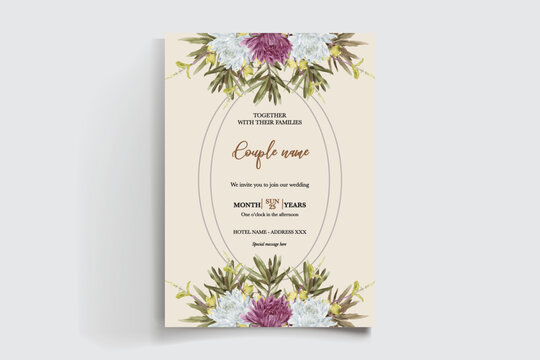 WEDDING INVITATION FRAME WITH FLOWER DECORATIONS AND FRESH LEAVES