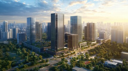 Poster - A high-end commercial district filled with office towers, showcasing increasing property investments