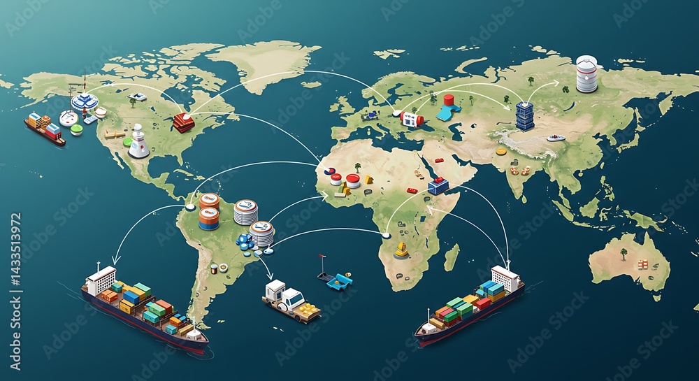 World map illustration depicting global trade routes with ships and ...