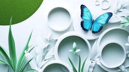 Poster - Blue butterfly on white circles with green plants. Background is simple and bright