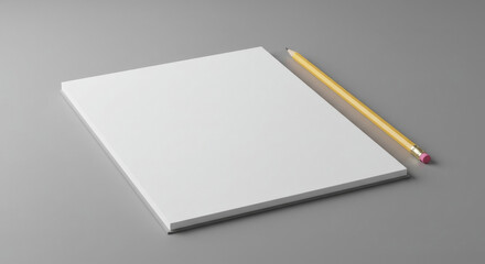Poster - Blank notebook with pencil resting beside it on a gray surface. Modern, minimalist design mockup for stationery or branding purposes.