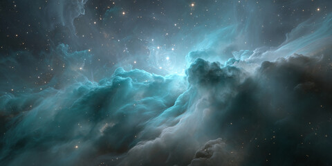 Aufkleber - Teal and grey nebula cloudscape image, cosmic dust and stars, evokes mystery and vastness of space, ideal for science fiction or fantasy projects