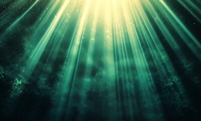 Poster - An ethereal display of rays of light and glowing particles bursting outward from a central point on a green background made with Generative AI technology
